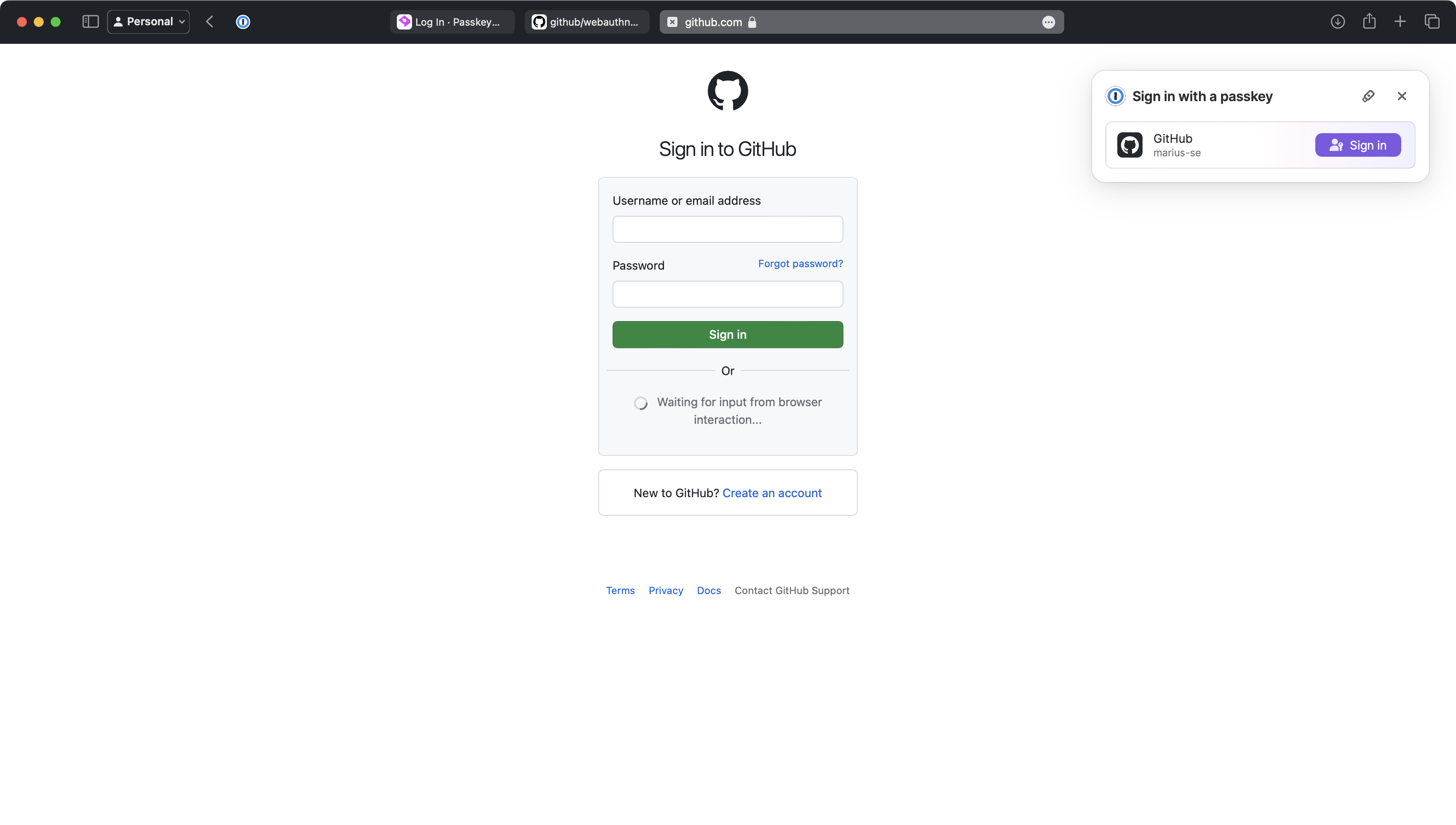 Safari 浏览器通过 1Password 扩展提示通行密钥的屏幕截图
