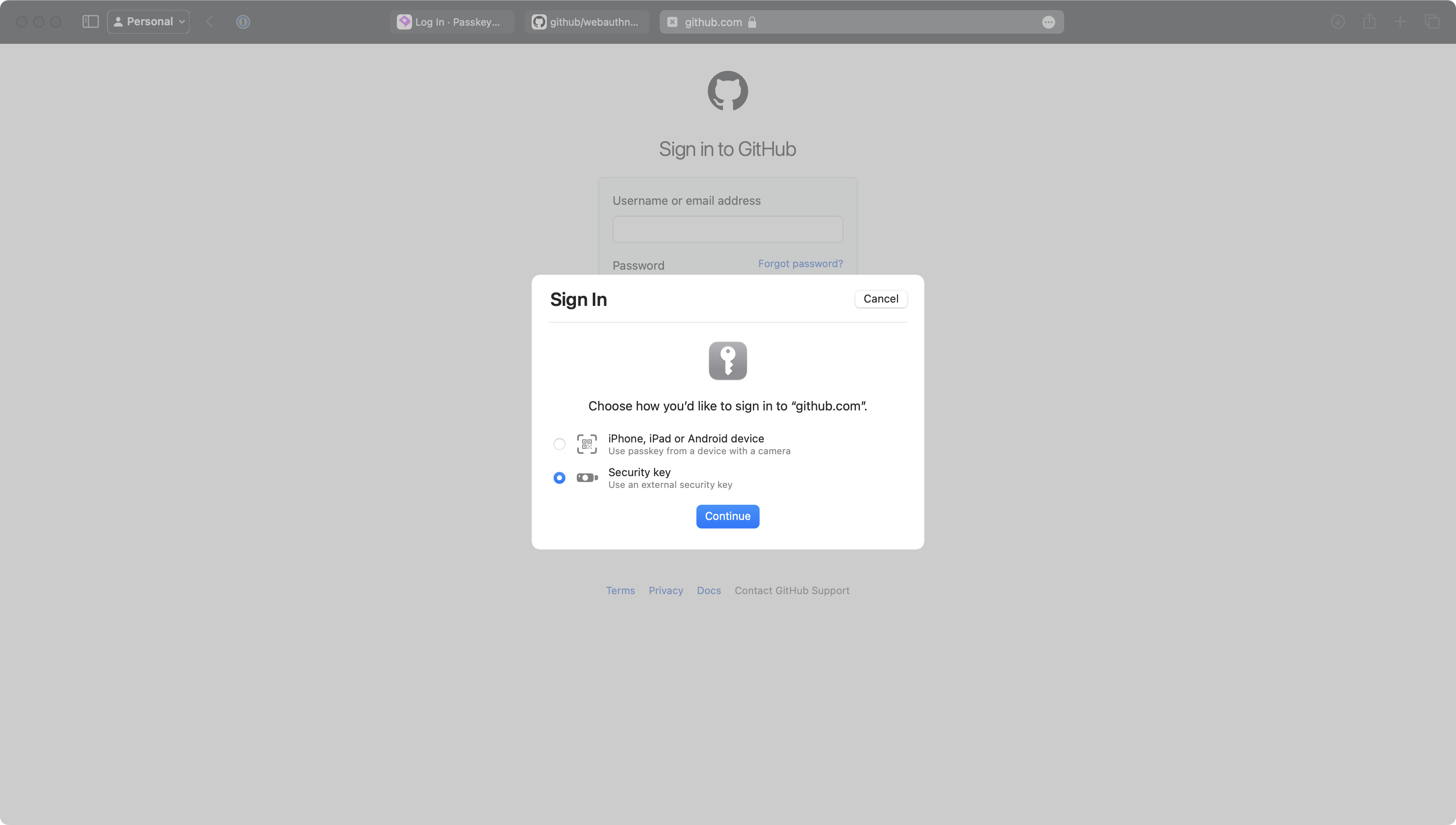 Safari 浏览器提示通行密钥的屏幕截图